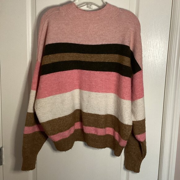 H&M Women's Wool Blend Sweater Pink Brown Color Block Loose Fit Baggy Size L - Picture 4 of 6